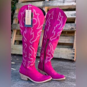 Liberty Black Fuchsia Pink Suede Leather Over The Knee Allyssa Cowboy Boots 6🤠💖